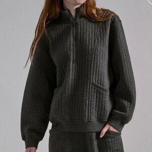 Lunya Restore Double Knit Half Zip Pullover, Mercurial Grey/Deep Blue Heather